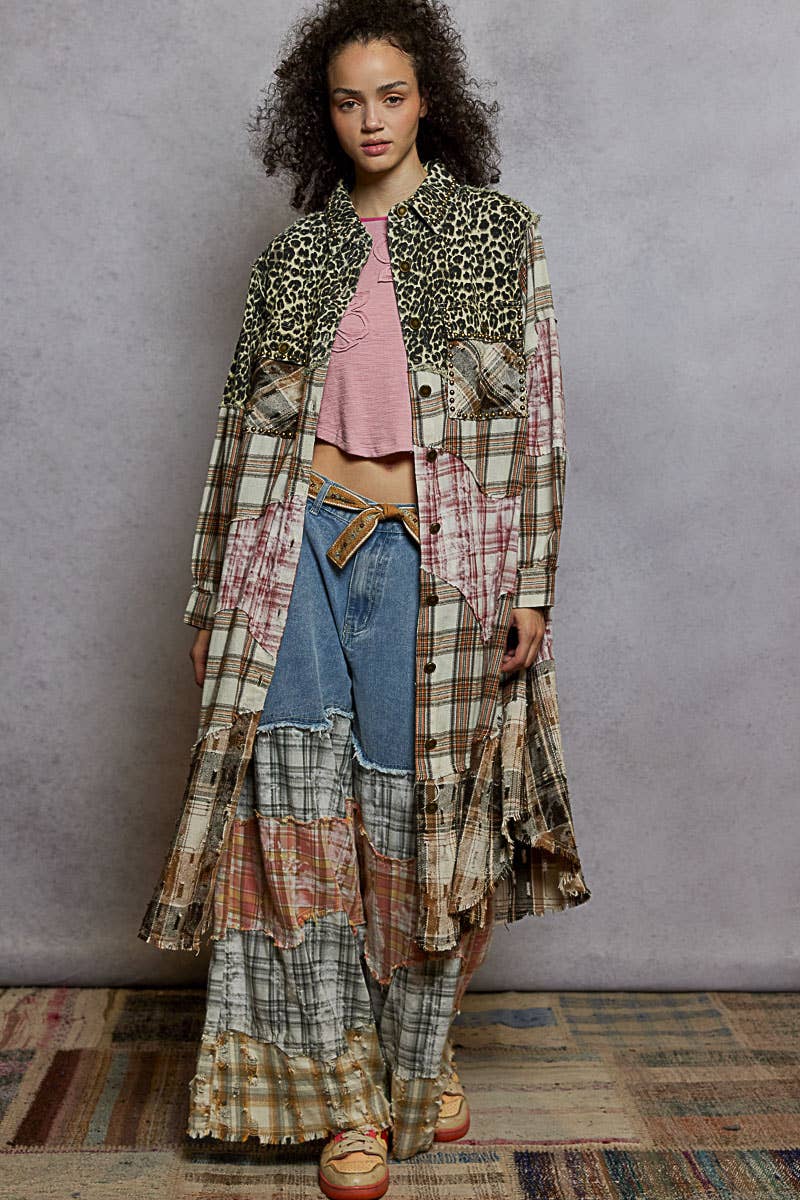 Long Sleeve Plaid Woven Varied Patchwork Maxi Shirt Jacket