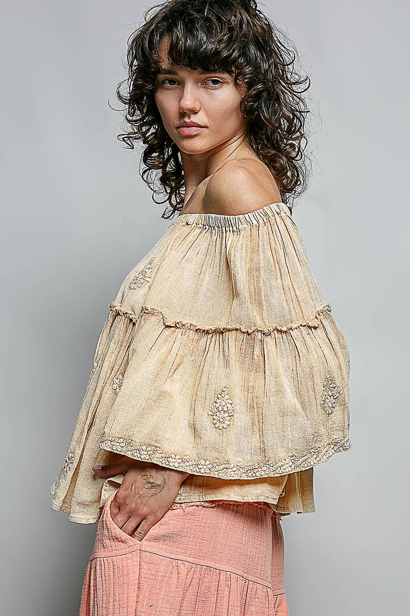Off Shoulder Bell Sleeves Floral Embroidery Cotton Top