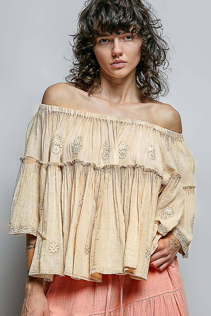 Off Shoulder Bell Sleeves Floral Embroidery Cotton Top