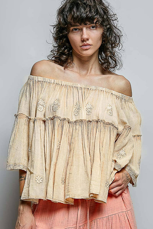 Off Shoulder Bell Sleeves Floral Embroidery Cotton Top