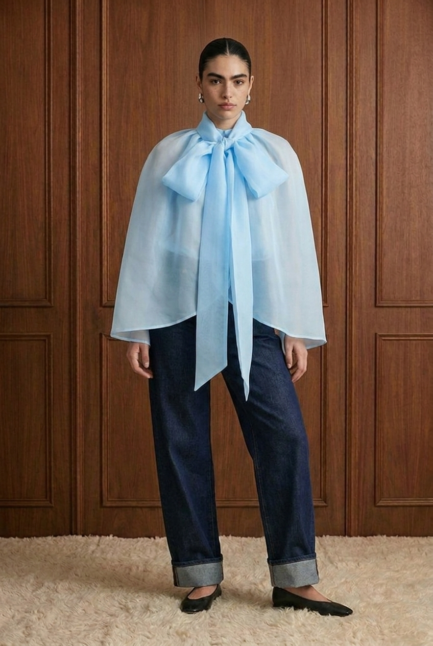 Oversized Sheer Tie-Neck Cape Blouse