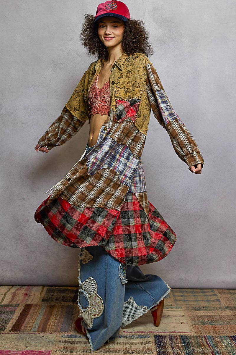 Long Sleeve Plaid Woven Varied Patchwork Maxi Shirt Jacket