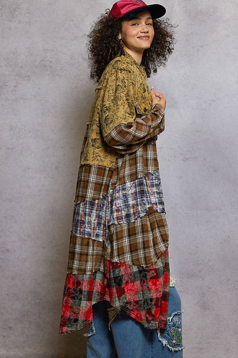 Long Sleeve Plaid Woven Varied Patchwork Maxi Shirt Jacket