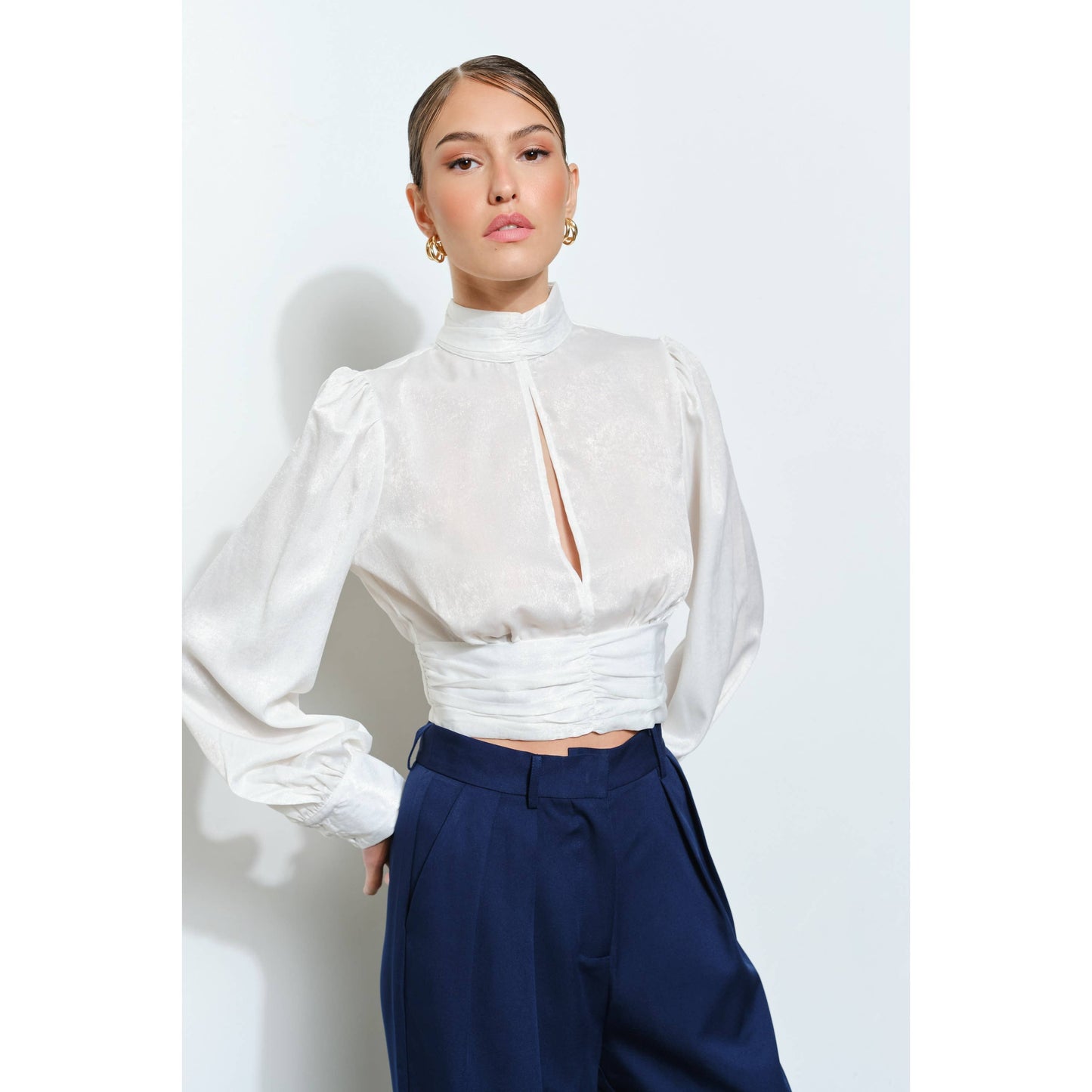 High Neck Satin Blouse with Open Back Tie