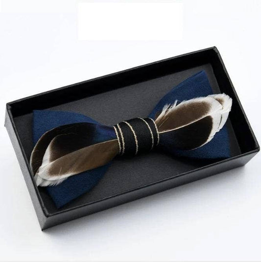 Handmade  Blue Brown White Feather Bow Tie W/free Lapel Pin Set