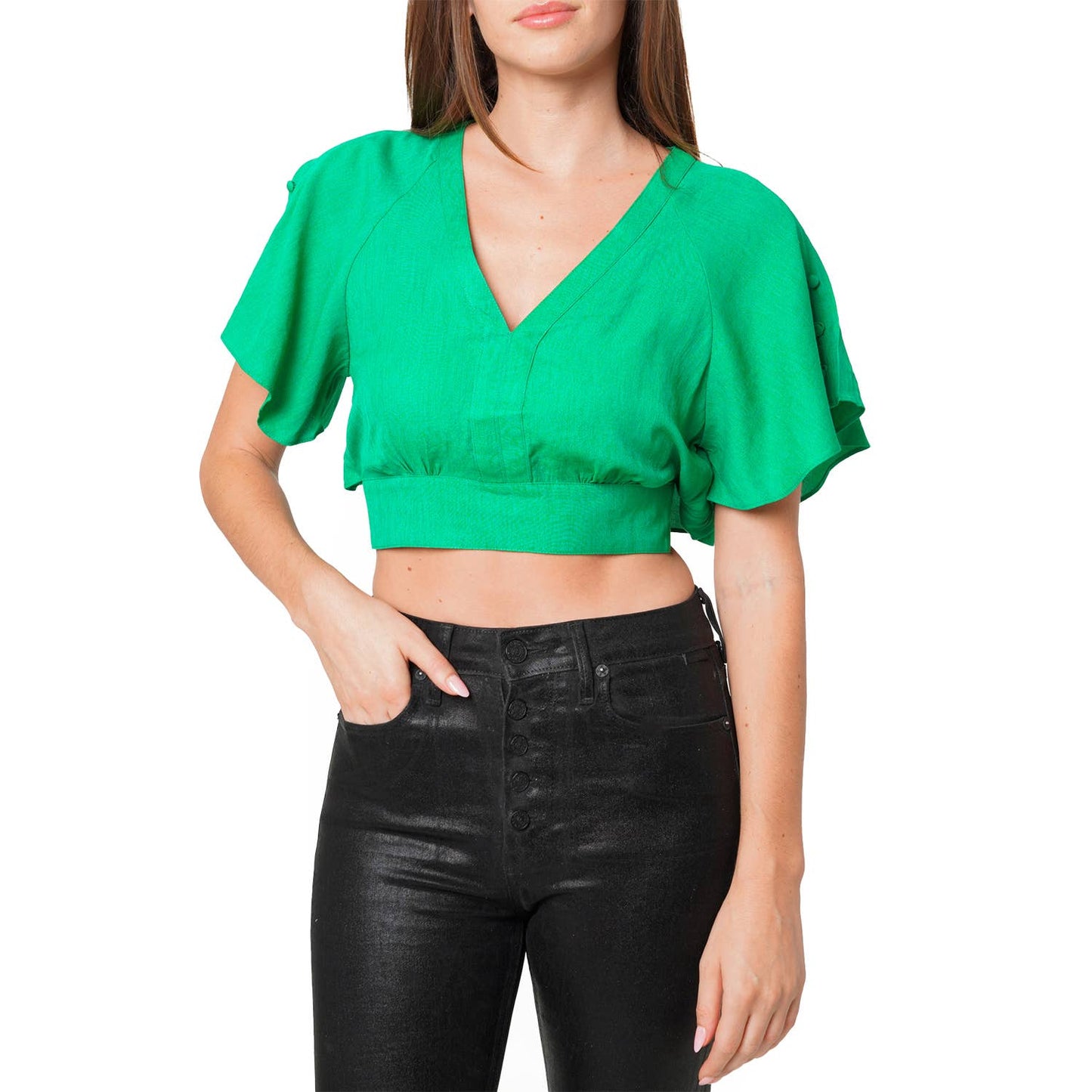 Cindy Tie Waist Cape Sleeve Cropped Blouse in Kelly Green