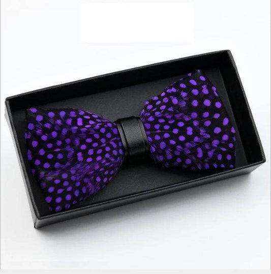 Handmade Purple Polka Dot Feather Bow Tie W/free Lapel Pin Set