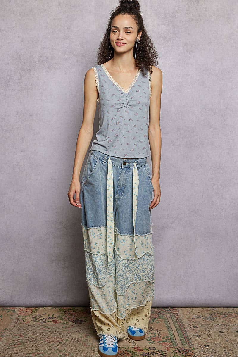Varied asymmetrical patchwork buckle back detail woven pants