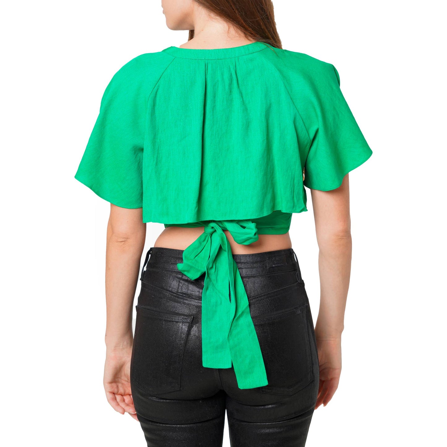 Cindy Tie Waist Cape Sleeve Cropped Blouse in Kelly Green