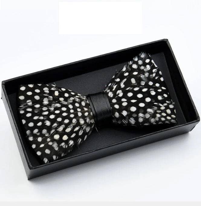 Hand Made Natural Bird Feather Polka Dot Exquisite Bow Tie W/free Brooch Pin Set