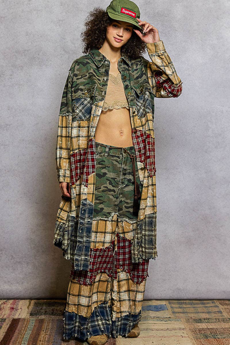 Long Sleeve Plaid Woven Varied Patchwork Maxi Shirt Jacket
