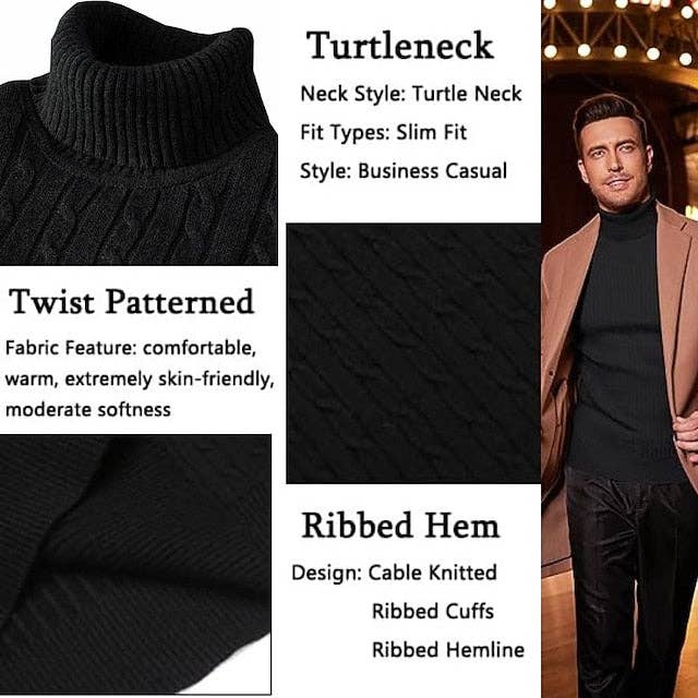 Mens Acrylic Cable Knit Turtleneck Sweater