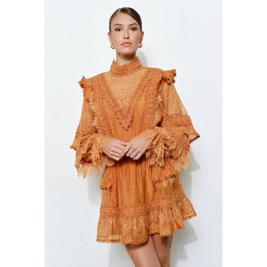 Floral Lace High-Neck Ruffle Sleeve Blouse