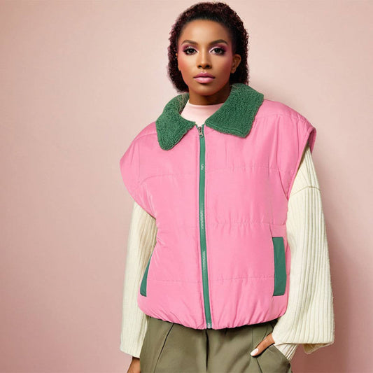 Kendra Pink & Green Shearling Collar Puffer Vest Women