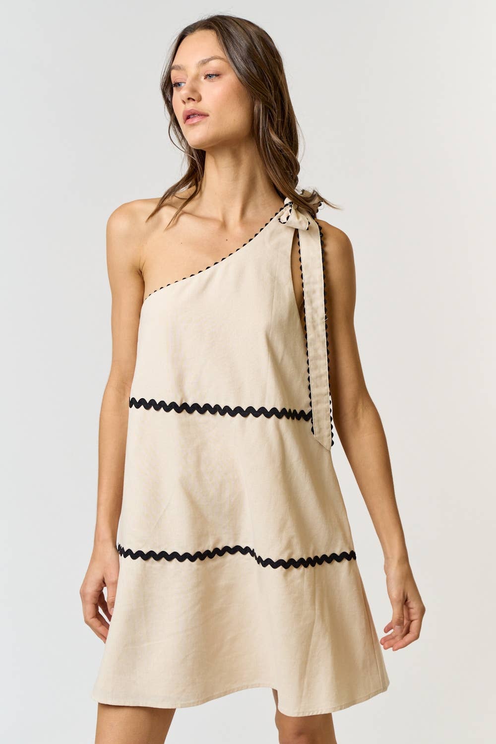 ILD4017 Linen Scalloped One Shoulder Shift Dress