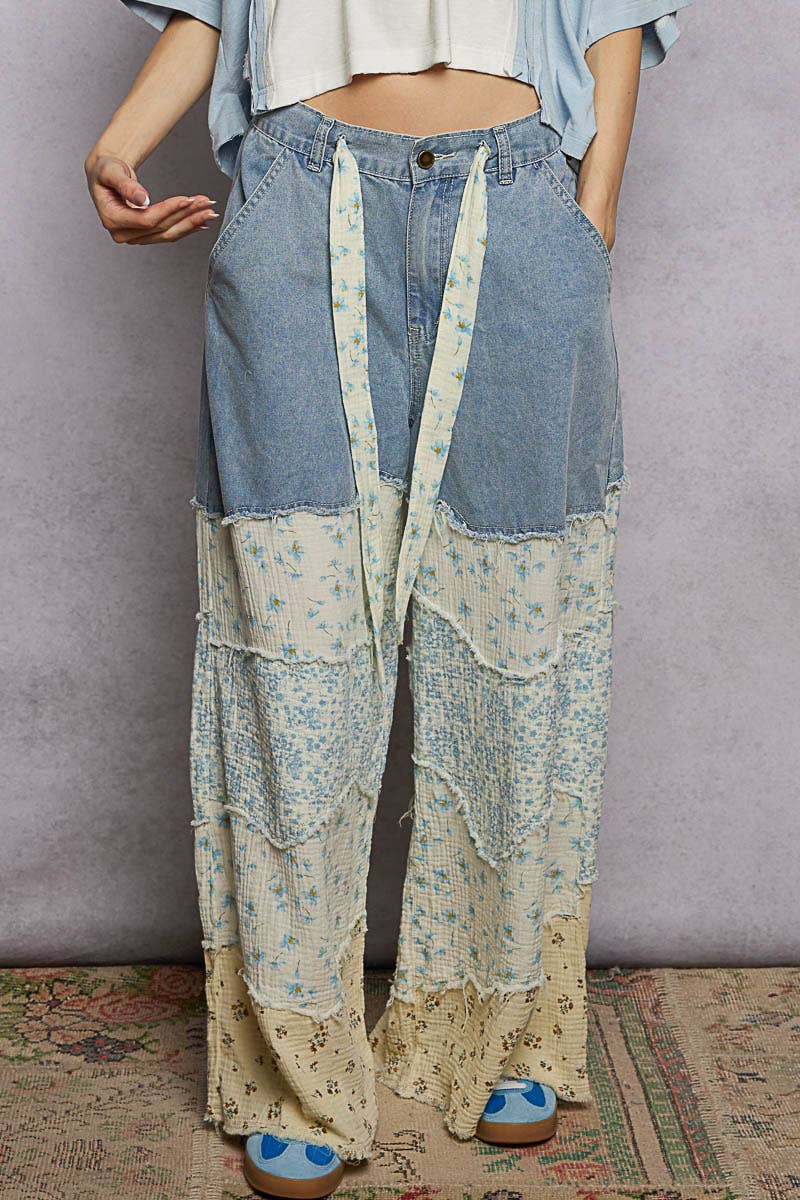 Varied asymmetrical patchwork buckle back detail woven pants
