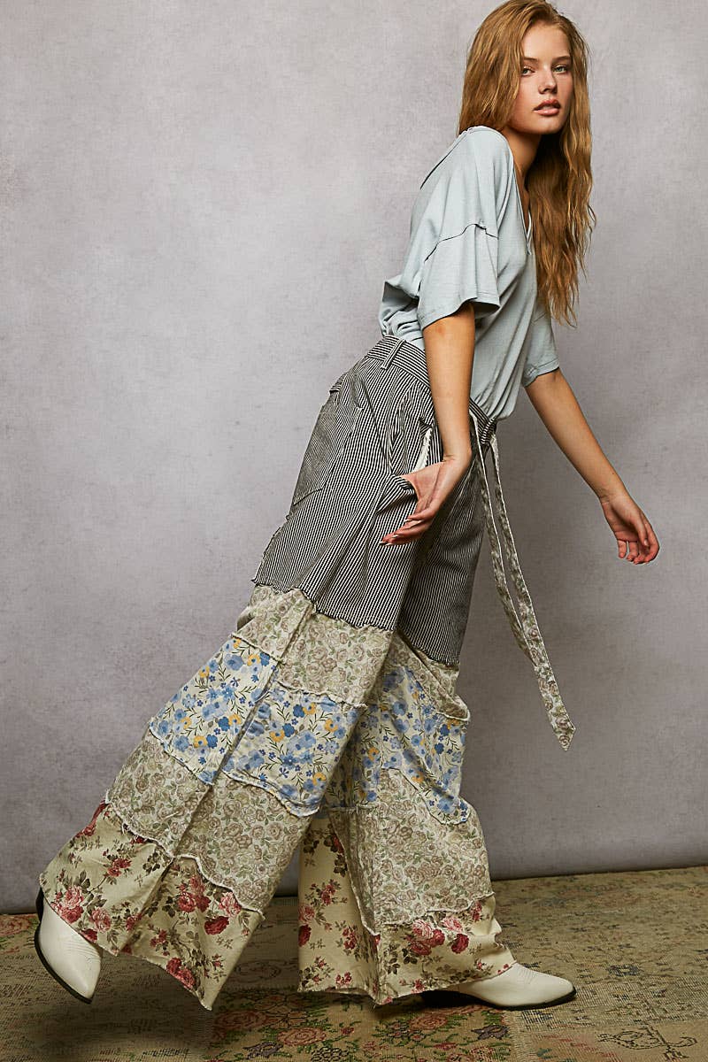 Varied asymmetrical patchwork buckle back detail woven pants