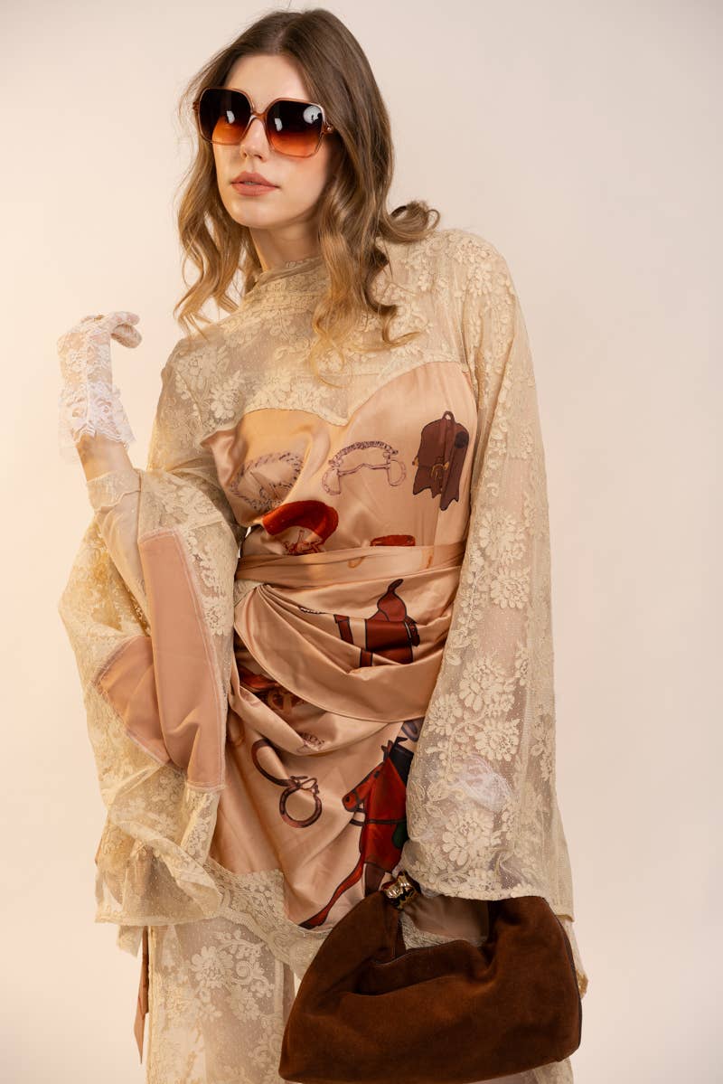 47043D Sheer Lace Kimono Sleeve Maxi Dress